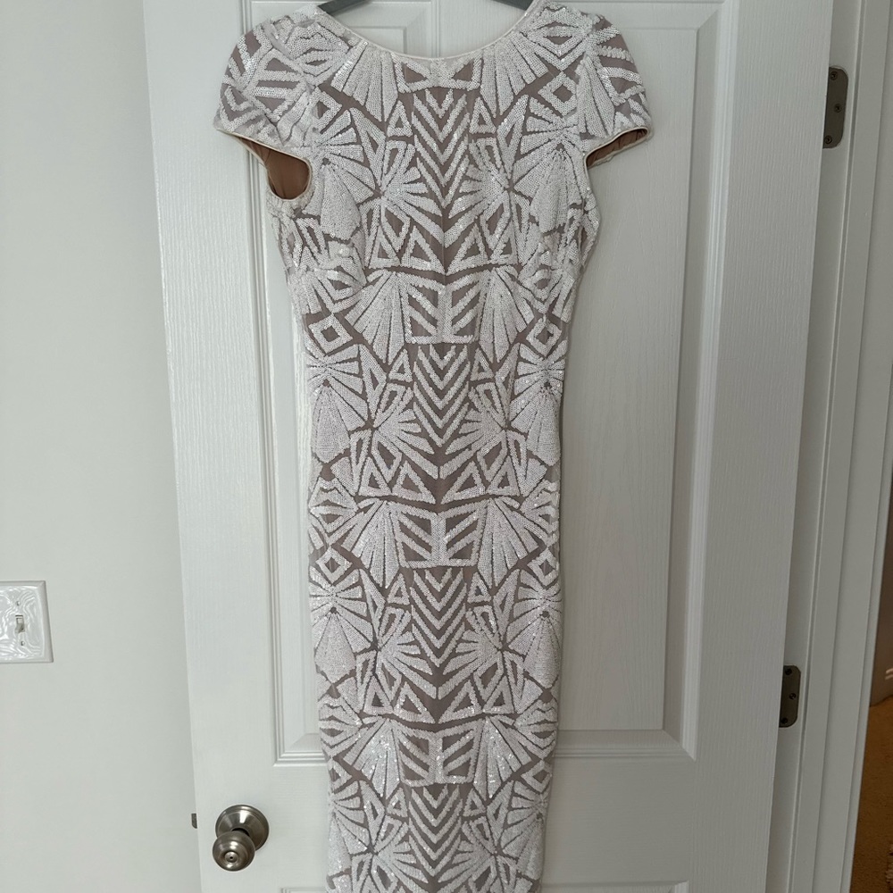 DRESS THE POPULATION Fully Beaded White Midi Dress